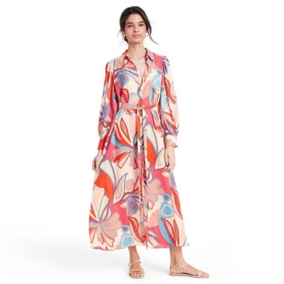 ALEXIS for Target Mixed Floral Long Sleeve Robe Dress S 70’s Tropical Party Trip - Picture 6 of 14